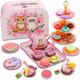 Halloscume 50 Pcs Little Girls Tea Party Set Cat Design Tin Tea Set Toy Kitchen Birthday Gift with Teapot, Saucers, Dishes, Tea Cups, Spoons, Desserts, and Carrying Case