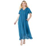 Plus Size Women's Lace-Panelled Crinkle Boho Dress by Roaman's in Dusty Indigo (Size 42/44)