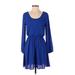 Lush Casual Dress - Mini Scoop Neck Long sleeves: Blue Print Dresses - Women's Size Small