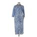 Ro's Garden Casual Dress - Midi Collared 3/4 sleeves: Blue Floral Dresses - Women's Size Medium