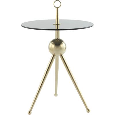 Beistelltisch KAYOOM "Ontario 325, Runde Glasplatte aus Sicherheitsglas, 100% Edelstahl", gold (gold, grau, gold, grau), B:46cm H:52cm T:46cm, 100% Edelstahl, Sicherheitsglas, Tische, Minimalistisch, Gestell in Tripod-Design, mit Tragering Image