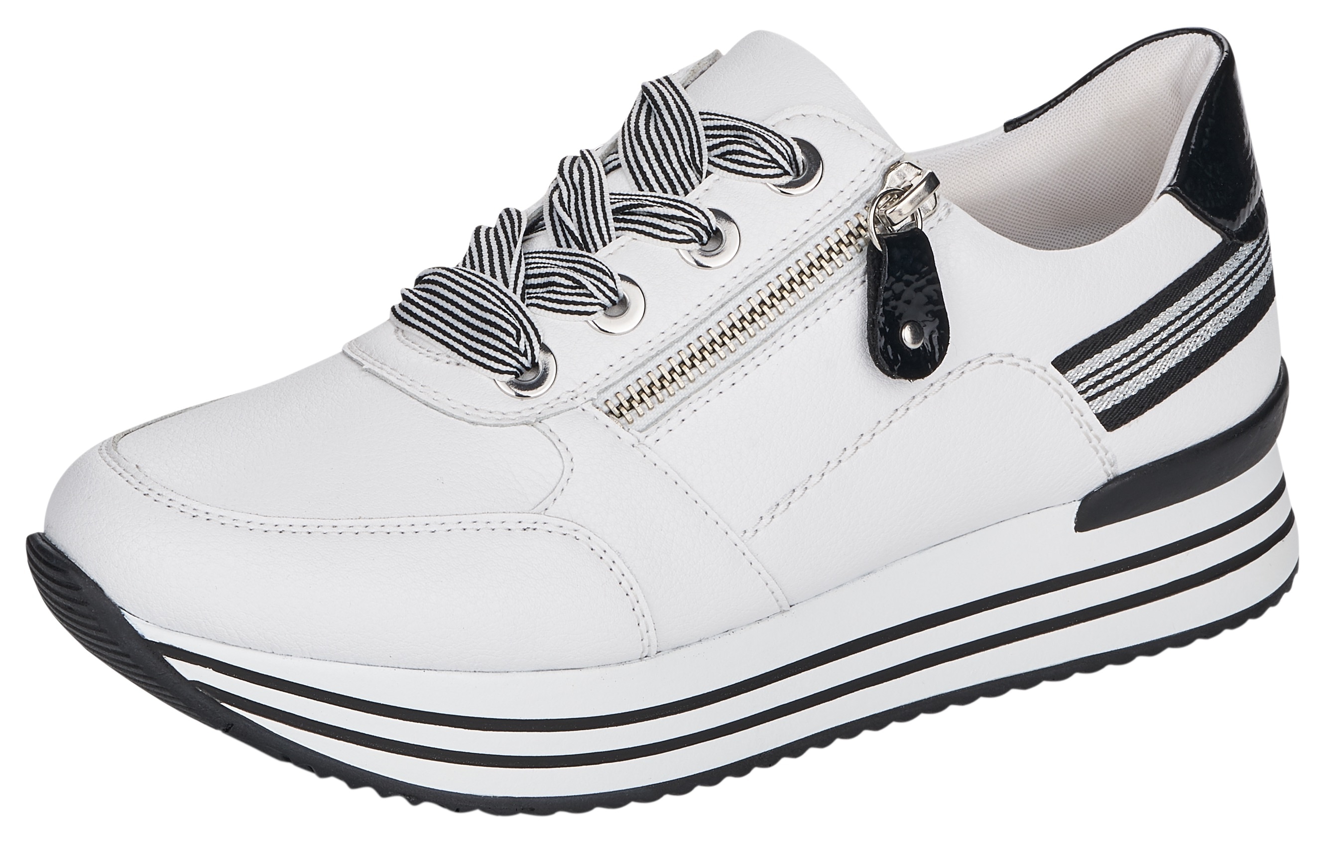 Plateausneaker REMONTE, Damen, Gr. 44, schwarz-weiß (weiß, schwarz), Leder, Schuhe Plateausneaker, mit Wechselfußbett, Freizeitschuh, Halbschuh, Schnürschuh