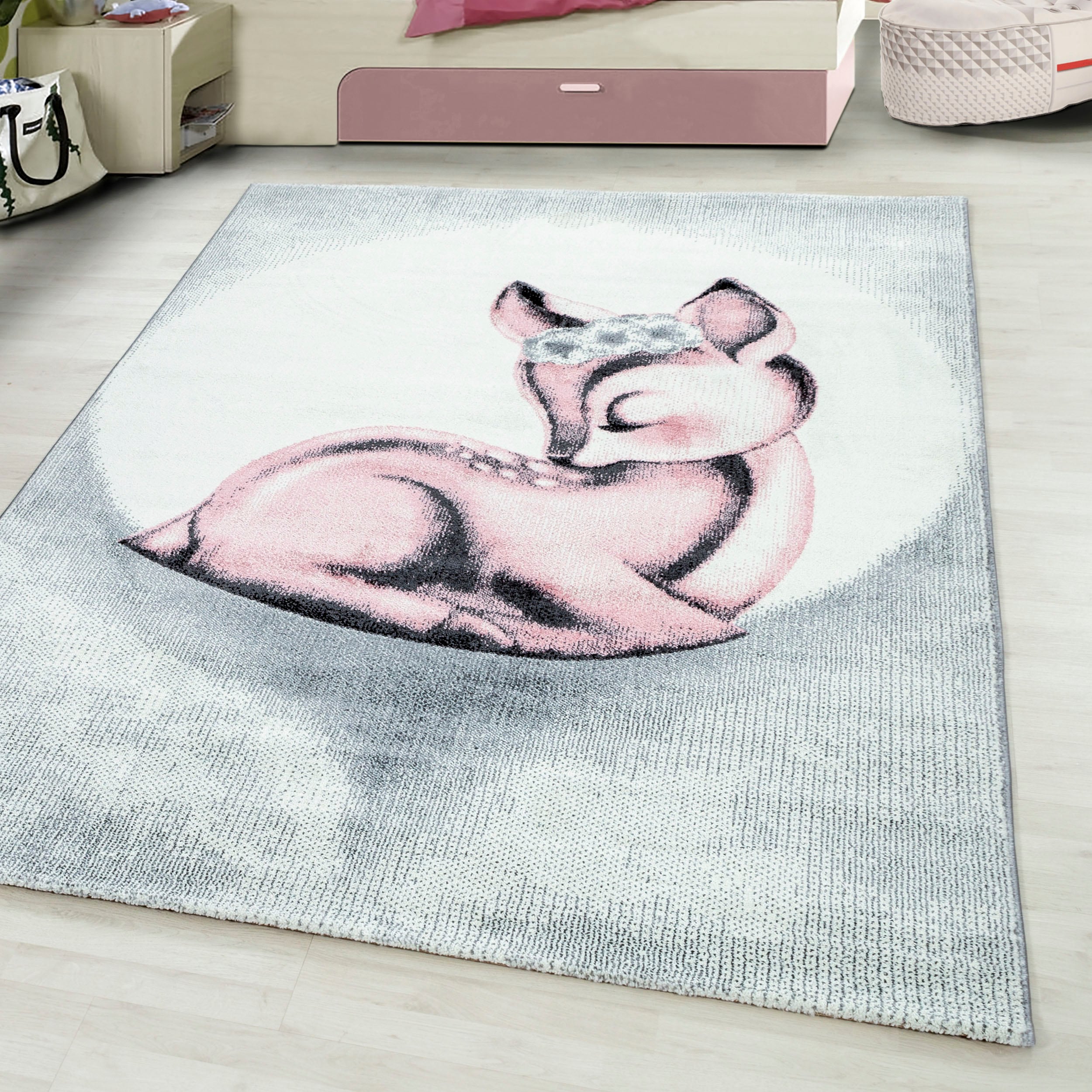 Kinderteppich AYYILDIZ TEPPICHE "Bambi 850", pink, B:200cm H:11mm L:290cm, Kunstfaser, Teppiche, Kinderteppich, auch in rund, Rehkitz Motiv, Kurzflor