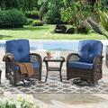 Lark Manor™ Aveona 3 Piece Outdoor Wicker Swivel Rocker Chair Seating Group w/ Cushions in Blue/Brown | Wayfair 0C03763F4B0A403B96F85B683F09CDCA