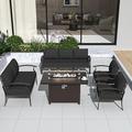 Kullavik Patio Furniture Set 7 Seats Aluminum Sofa with armrest Modern Outdoor Conversation Set w/43in Gas Fire Pit Table Outdoor Furniture Chairs with 55000 BTU Propane Fire Pit Black