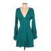 BCBGeneration Casual Dress - Mini Plunge Long sleeves: Teal Print Dresses - New - Women's Size 2