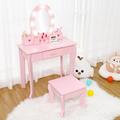 Girls Vanity Table and Chair Set Kids Makeup Dressing Table with Lights Mirror & Wood Makeup Playset & Drawer for Age 4 - 9 Pink