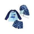 Kid Boy 3PCS Swimsuit Cartoon Striped Shark Print Summer Beach Long Sleeve Tops + Shorts + Hat for Swimming Surfing Beach