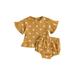 Canrulo 2Pcs Newborn Baby Girls Cotton Linen Outfits Flared Sleeve Floral T-Shirt Top Bloomer Shorts Infant Summer Clothes Yellow Brown 18-24 Months