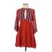 Ecote Casual Dress - A-Line Crew Neck 3/4 sleeves: Red Floral Dresses - Women's Size Small