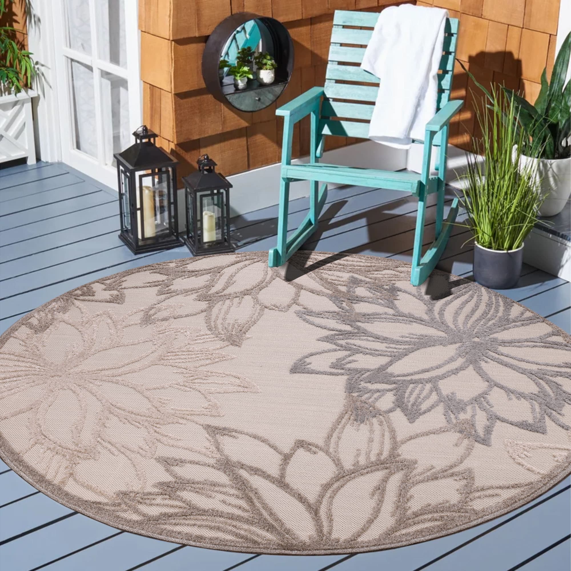 Teppich SANAT "Floral 2 Outdoor", beige (creme), H:6mm Ø:120cm, Kunstfaser, Teppiche, In- und Outdoor geeignet, florales Design, Balkon, Terasse Image