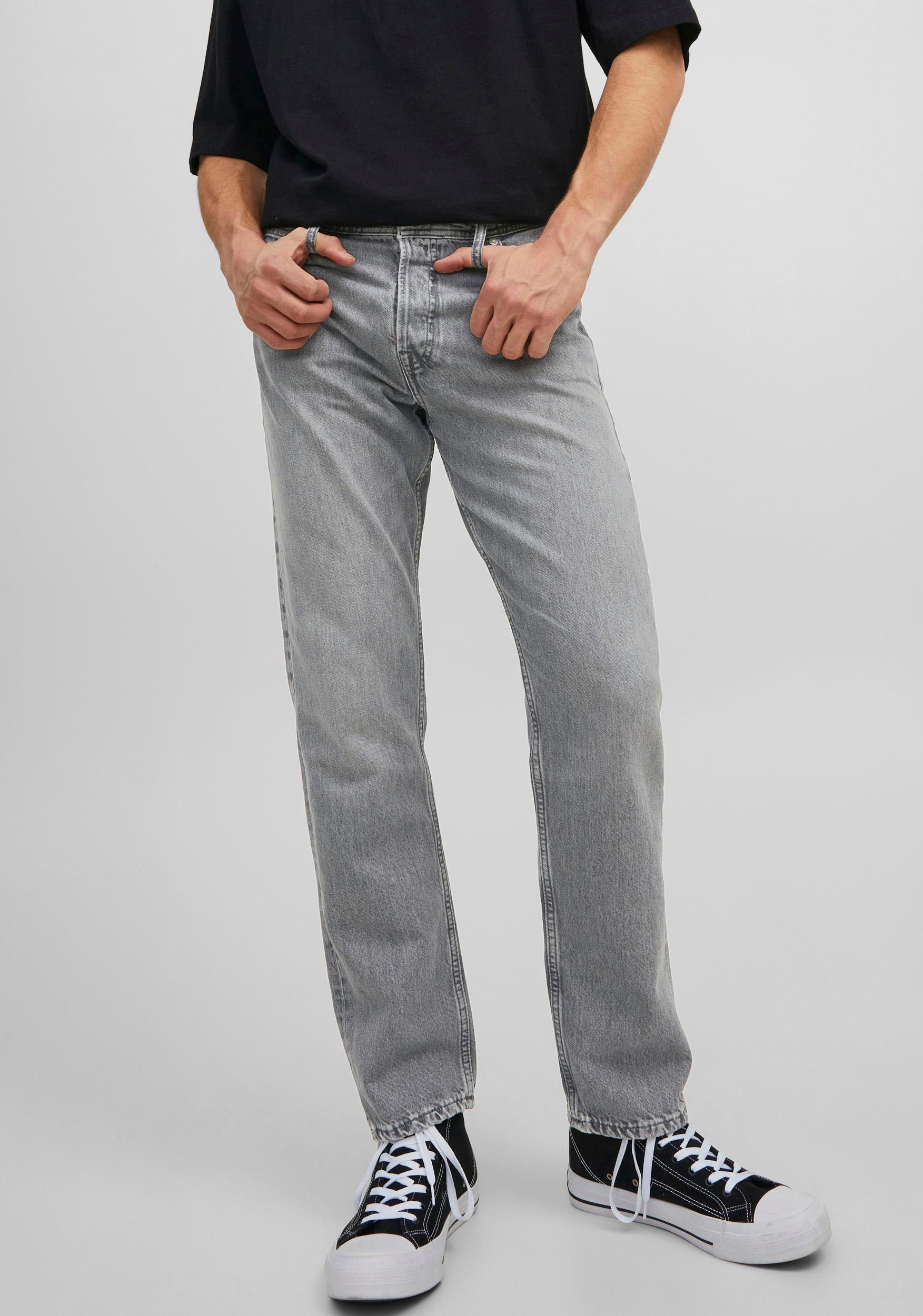 Loose-fit-Jeans JACK & JONES "JJICHRIS JJORIGINAL SBD 921 SN", Herren, Gr. 31, Länge 34, grau (grau denim), Denim/Jeans, Obermaterial: 100% Baumwolle, Abriebeffekte, loose fit lang, Jeans, mit Gürtelschlaufen