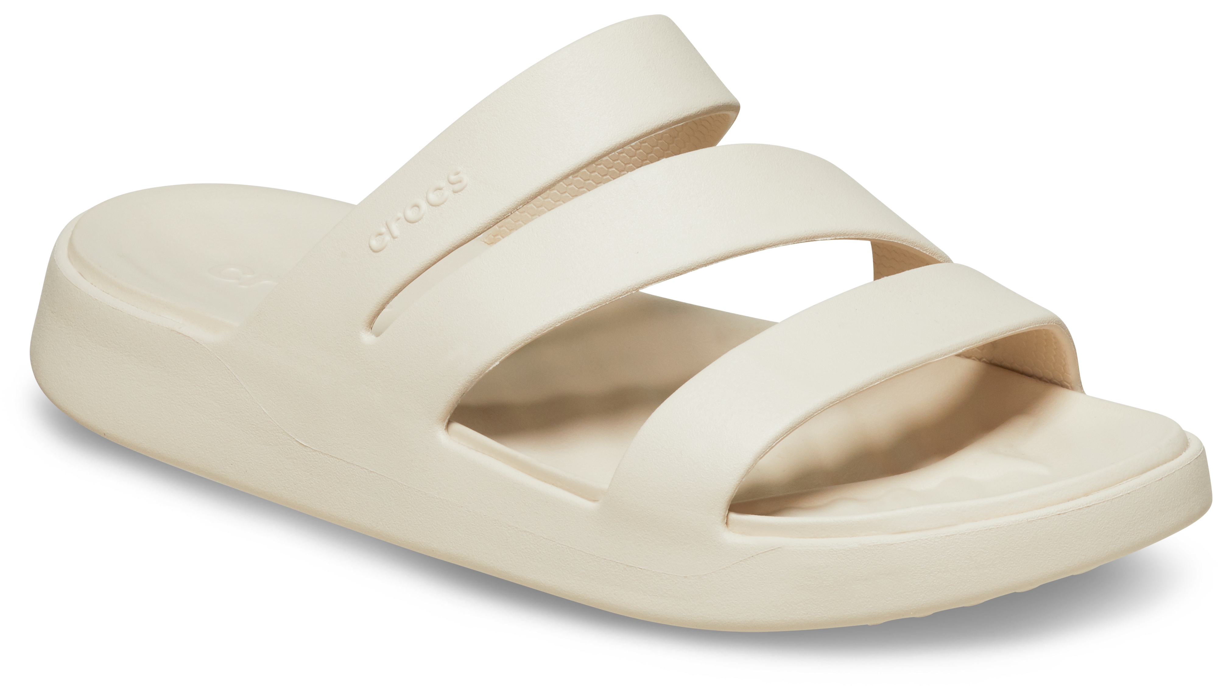 Badepantolette CROCS "Getaway Strappy", Damen, Gr. 38, beige (sanftes weiß), Croslite™, unifarben, Schuhe Badelatschen Pantolette, Sommerschuh, Badeschuh, Poolslides mit modischen Riemchen