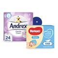 Supply of Baby Skin Care for Family. Andrex Gentle Clean Toilet Paper and Huggies Pure Baby Wipes.