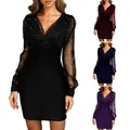 Robe sexy à paillettes pour femmes taille haute tambour robes con maille transparente noire