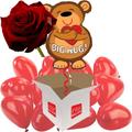 Romantic Big Bear Hug 28" Helium Inflated Balloon with 12 Mini Red Heart Air-Filled Balloons and Single Luxury Red Rose all delivered in a box