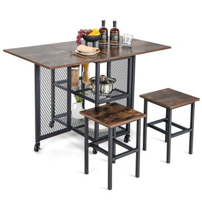 Costway Drop Leaf Expandable Dining Table Set with Lockable Wheels-Brown