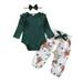 WOXINDA Baby Girls Long Sleeve Ribbed Romper Tops Flower Print Pants With Headbands Outfit Set Clothes 3PCS 3 Month Baby Girl Top And Pants Baby Girl Receiving Blanket New Born Baby Clothes for