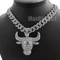 Icy Bulls Head Pendant & 13mm 16 18 20 24 Iced Cuban Box Lock Chain Necklace