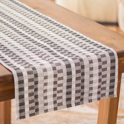 Checkered Elegance,'Handwoven Checkered Cotton Table Runner in Black Grey White'