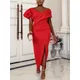 Robe de soirée longue pour femme rouge col en V nu une manche fente irrégulière tenue de