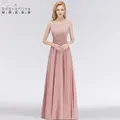 Robe de soirée longue en mousseline de soie et dentelle pour femmes rose poussiéreux sexy dos en