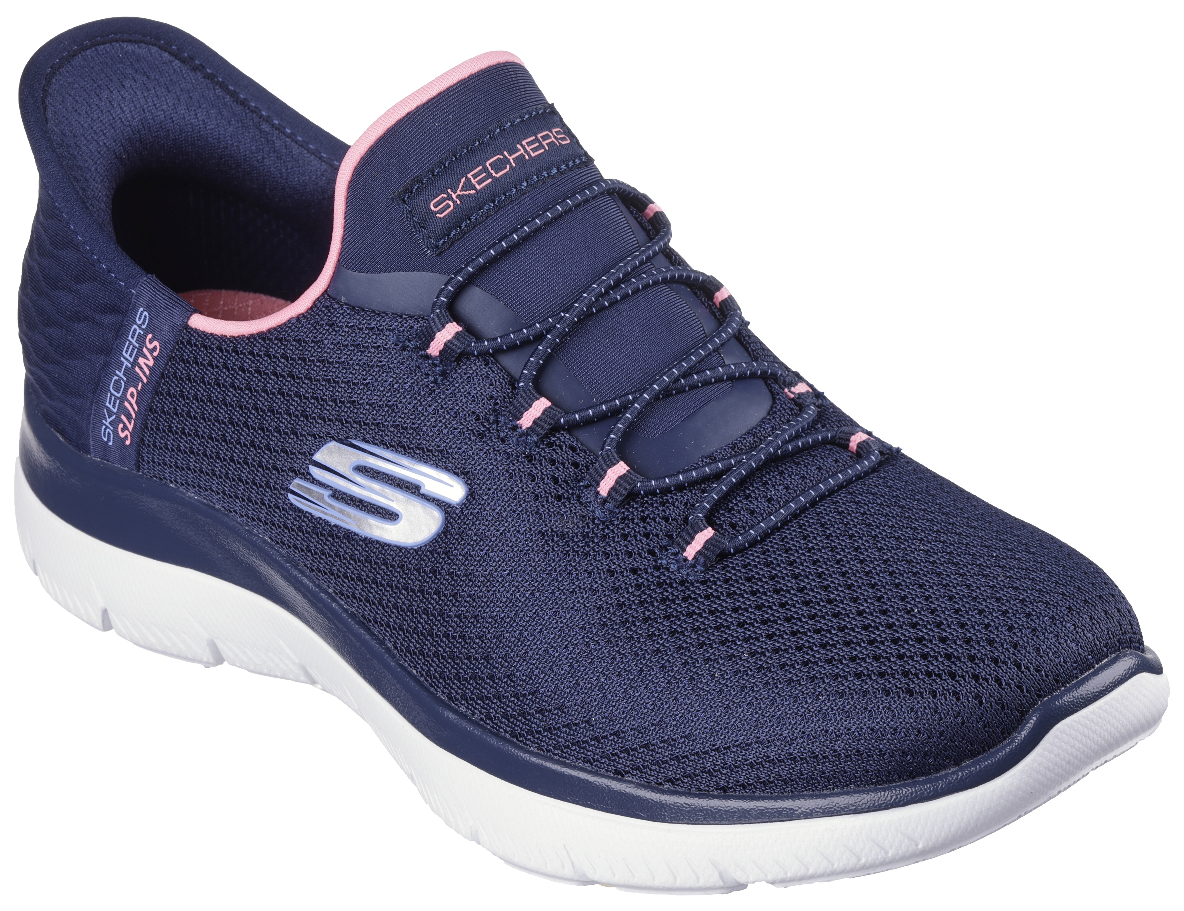 Slip-On Sneaker SKECHERS "SUMMITS-DIAMOND DREAM", Damen, Gr. 36, blau (navy, pink), Textil, Schuhe, Schlupfschuh, Freizeitschuh mit praktischer Slip-Ins Funktion, Topseller