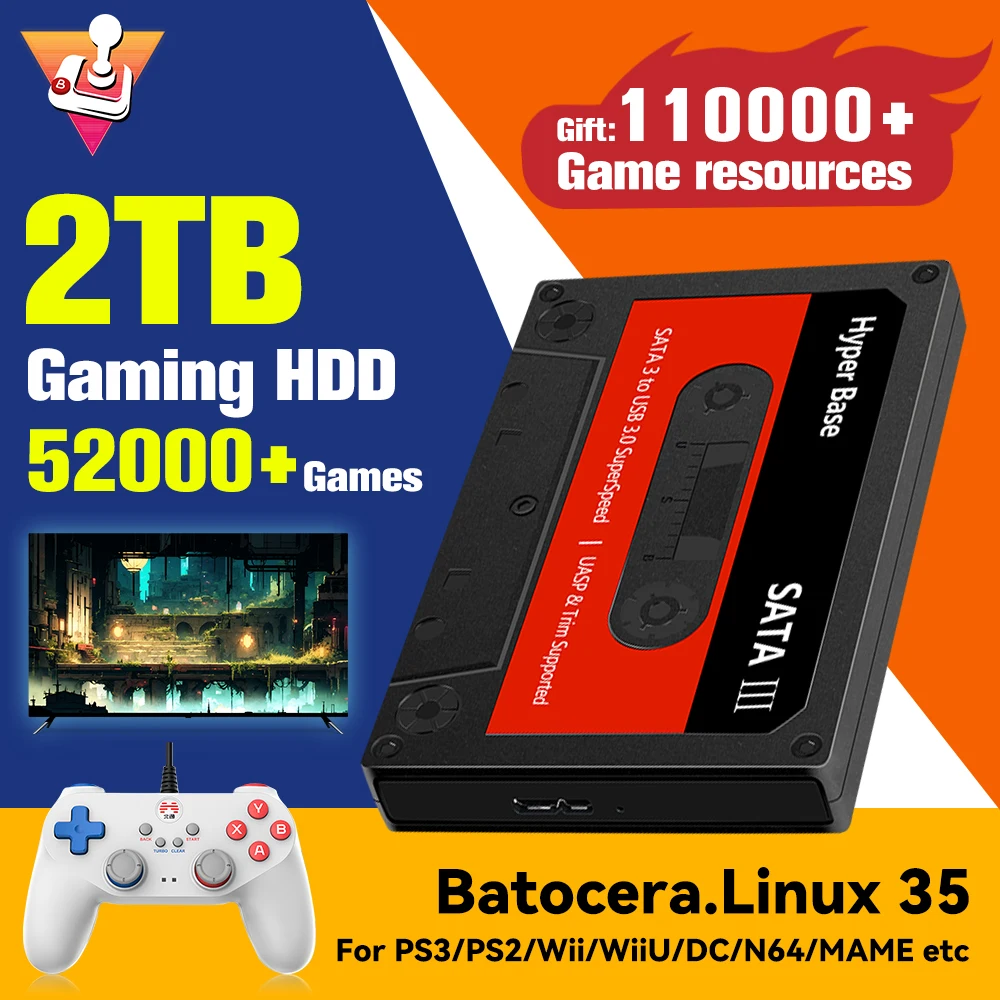 Batocera.Linux 35 Disque dur de jeu portable, disque dur de jeu, plus de 52000 jeux, PS3, PS2, Wii, WiiU, N64, MAcloser, SS, PC, ordinateur portable, Mac, 2 To