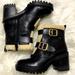 Nine West Shoes | Nine West Ingram Leather Lug, Buckle Straps & Shearling Trim Boots New In Box 6 | Color: Black/Cream | Size: 6