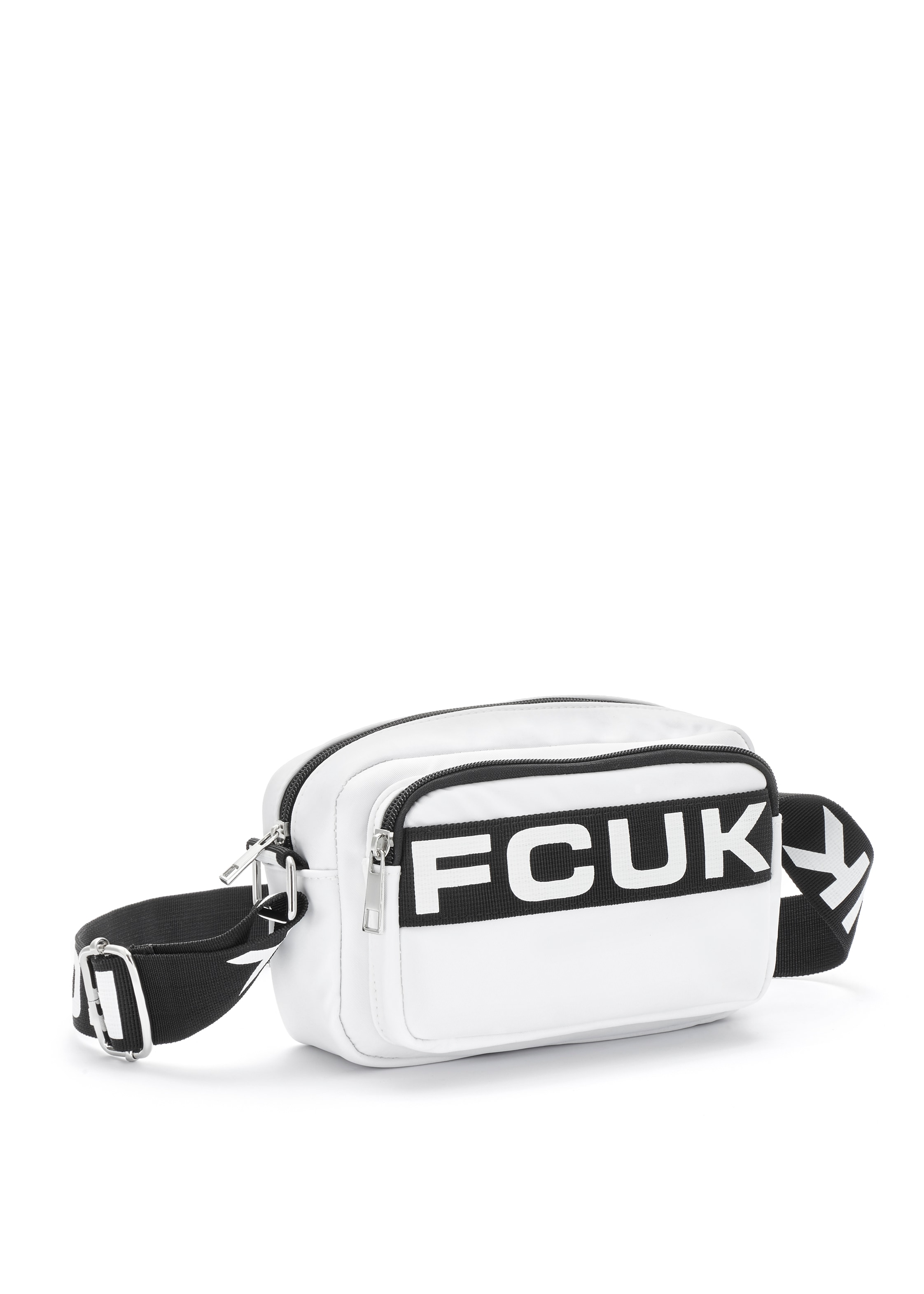 Umhängetasche FCUK, Damen, Gr. B/H/T: 20cm x 13cm x 6cm, weiß, Polyester, unifarben, Taschen Umhängetasche, Minibag, Handtasche, Crossbody Bag VEGAN