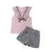 Qmyliery 2Pcs Girls Clothes Outfits Ruffle Sleeveless Bow Tie Top + Plaid Print Button Shorts