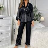 Wyongtao Pajamas for Women Satin Silk Pajama Set with Long Sleeve Button-Down Chiffon Pajamas Sleepwear Black XL