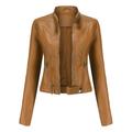 Tops For Women Women S Slim Leather Stand Collar Zip Motorcycle Suit Belt Coat Jacket Tops Coffee Xxl