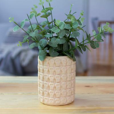 'Skull-Patterned White Ceramic Flower Pot from Mexico'