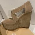 Michael Kors Shoes | Nwot Michael Kors Wedge Light Beige Suede Platform Sandal Harley Silver Hardware | Color: Silver/Tan | Size: 7.5