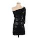 As U Wish Cocktail Dress - Mini One Shoulder 3/4 sleeves: Black Print Dresses - Women's Size Small