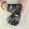 Gants sans doigts en cuir PU pour hommes et femmes gants de conduite demi-doigt noir punk moteur