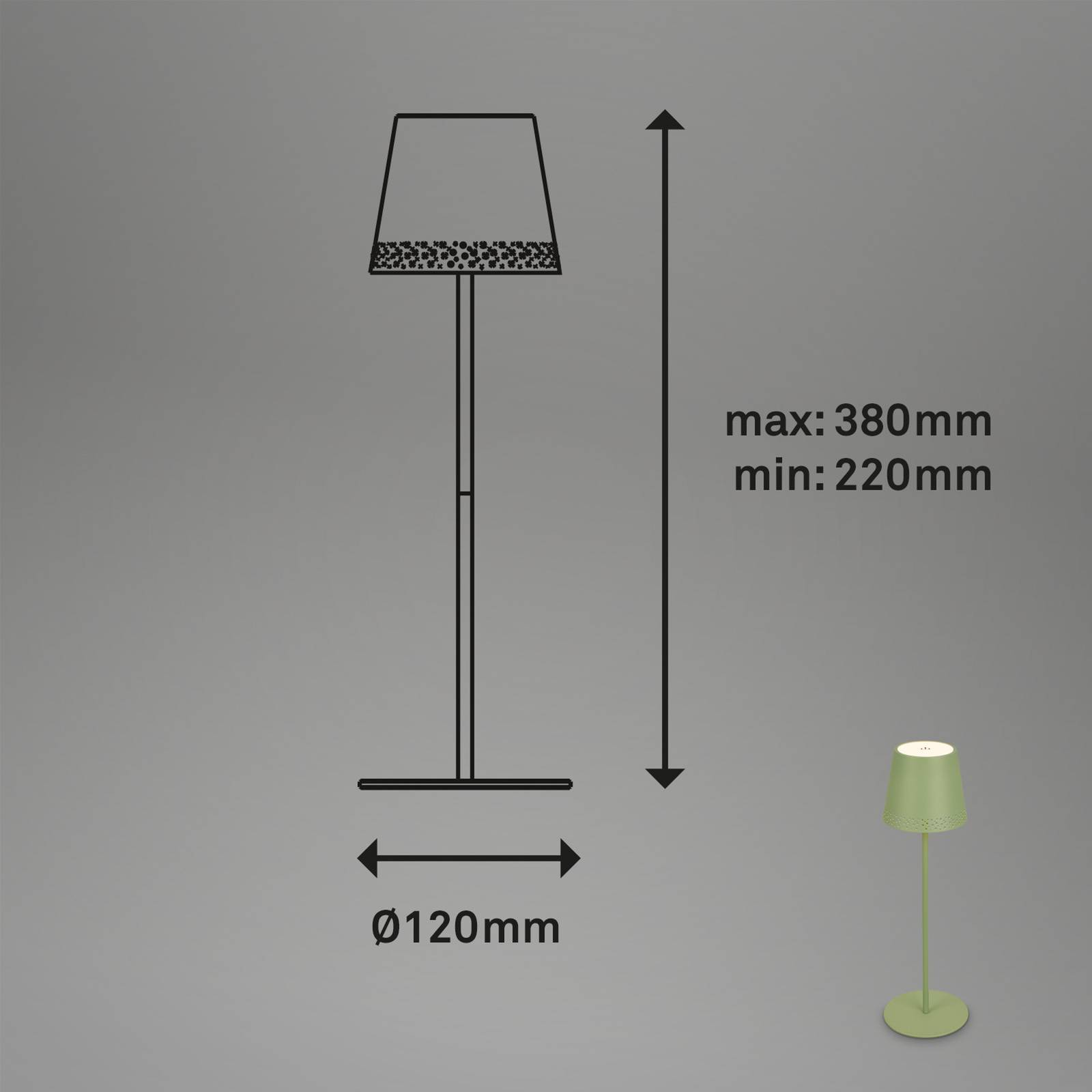 Briloner LED-Akku-Tischleuchte Kiki, lindgrün, IP44, 3.000K dimmbar, grün, Metall, Modern