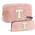 Fankiway 2 PC Initial Makeup Bag Travel Makeup Bag Makeup Pouch Make Up Bag Cosmetic Travel Bag Lamb Wool Makeup Bag Cute Makeup Bag Beauty Bag Graduation Gifts Beauty & Personal Care Products