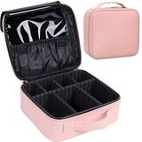 Bvser Travel Makeup Case PU Leather Portable Organizer Makeup Train Case Makeup Bag Cosmetic Case with Adjustable Dividers for Cosmetics Makeup Brushes Women (Pink)