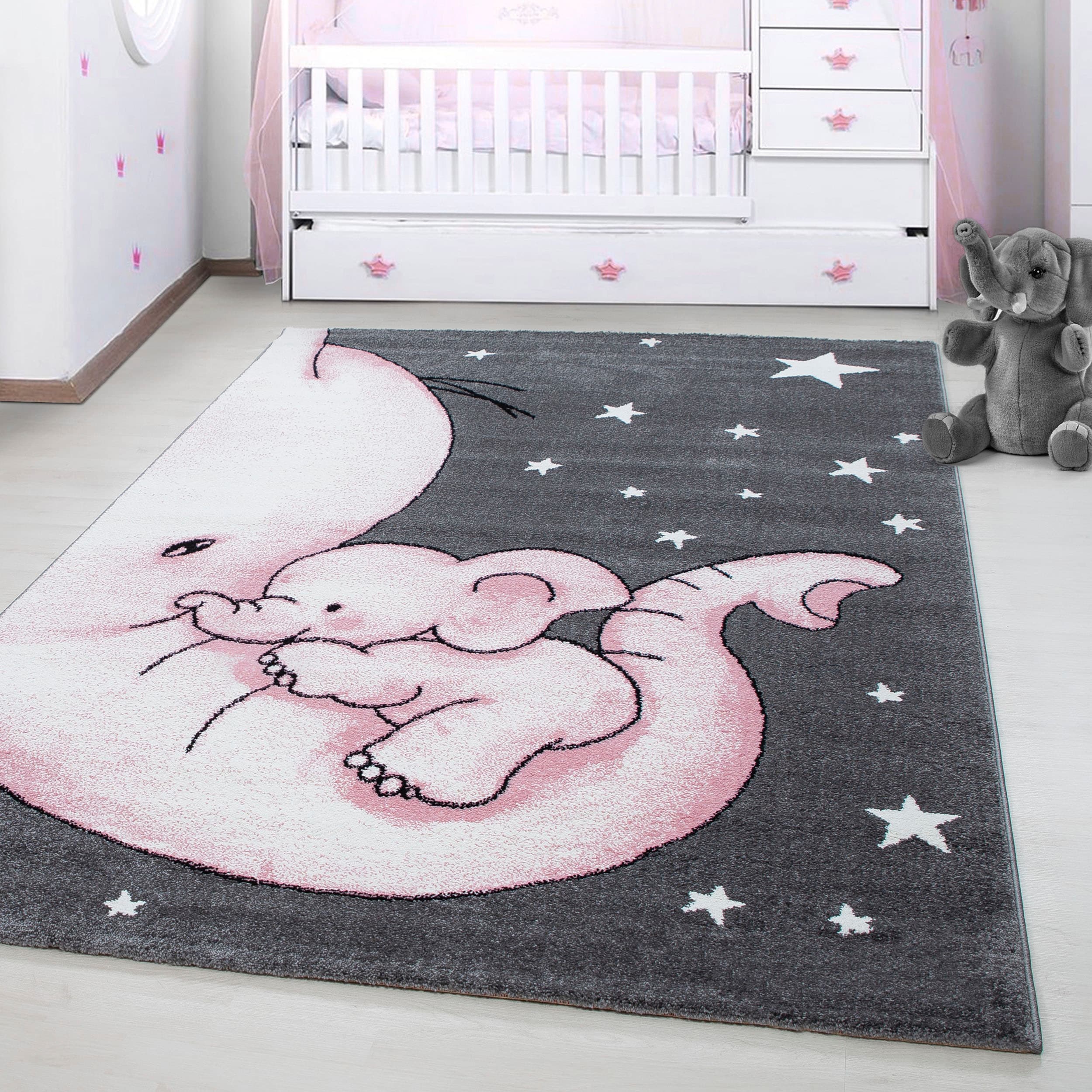 Kinderteppich AYYILDIZ TEPPICHE "Kids 560", pink, B:200cm H:12mm L:290cm, Kunstfaser, Teppiche, Kinderteppich, auch in rund, Elefanten Baby Sterne, Kurzflor