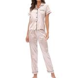 JGTDBPO Two Piece Pajama Set For Women Short Sleeve Sleepwear Button Down Pjs Lounge Sets With Long Pants Silk Satin Pajama For Women Causal Home Wear