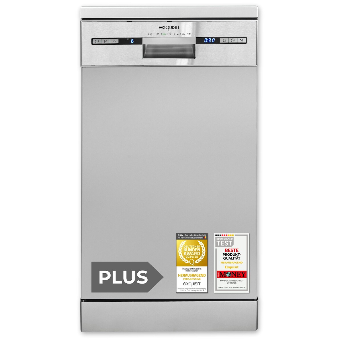 Exquisit PLUS Geschirrspüler 45 cm, Unterbaufähig, 9 Maßgedecke, 9 Liter, ECO-Programm, Startzeitvorwahl, GSP59309-030E silber Image