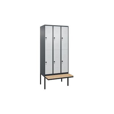 C+P Spind Classic PLUS, Buche schwebende Sitzbank, 6 Abteile, HxBxT 212x90x82cm, Sicherheitsdrehriegel, Anthrazit/Hellgrau von PROREGAL Image