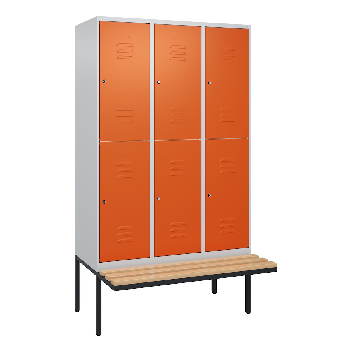C+P Spind Classic PLUS, Buche schwebende Sitzbank, 6 Abteile, HxBxT 212x120x82cm, Zylinderschloss, Hellgrau/Reinorange von PROREGAL Image