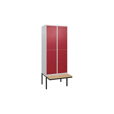 C+P Spind Classic PLUS, Buche schwebende Sitzbank, 4 Abteile, HxBxT 212x80x82cm, Zylinderschloss, Hellgrau/Rubinrot von PROREGAL Image