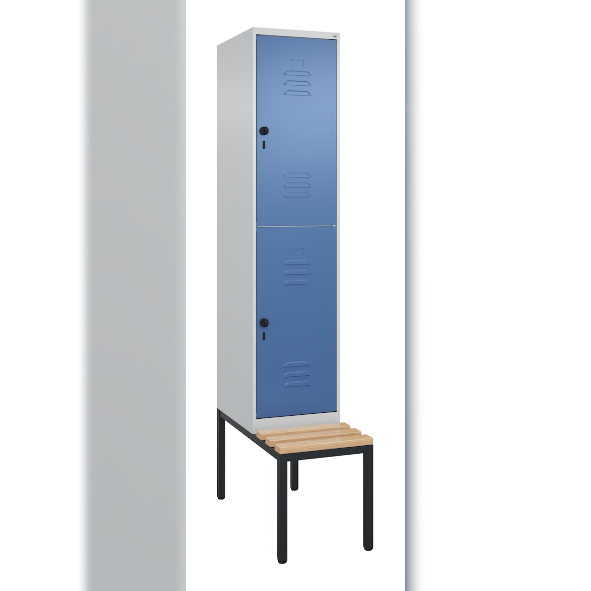 C+P Spind Classic PLUS, Buche untergebaute Sitzbank-Harthol, 2 Abteile, HxBxT 212x40x82cm, Sicherheitsdrehriegel, Hellgrau/Fernblau von PROREGAL Image