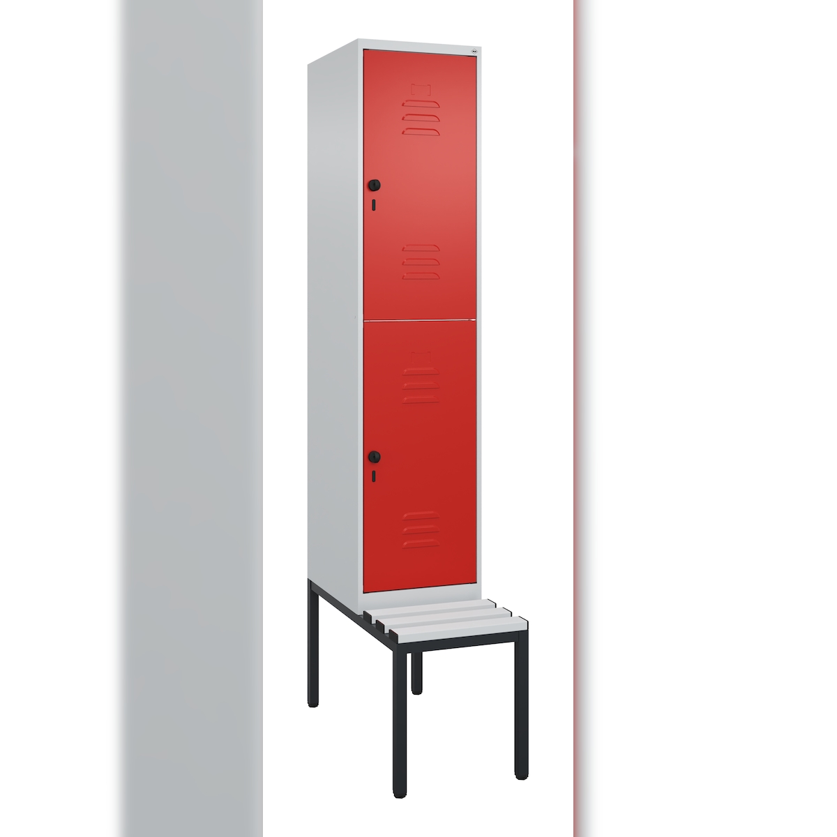 C+P Spind Classic PLUS, Kunststoff untergebaute Sitzbank, 2 Abteile, HxBxT 212x40x82cm, Sicherheitsdrehriegel, Hellgrau/Rot von PROREGAL Image