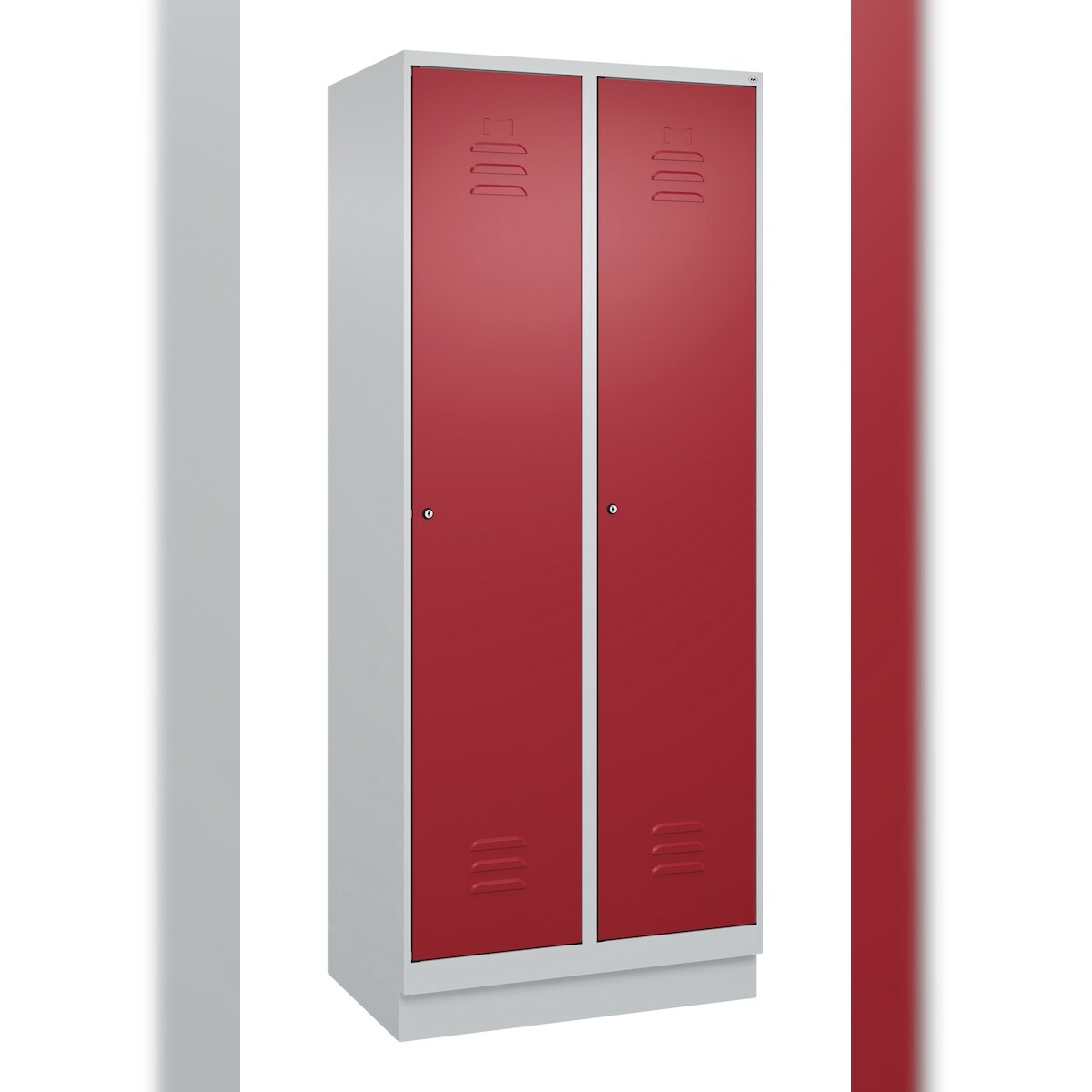 C+P Aufbewahrungsspind Classic PLUS, Sockel, 2 Abteile je 4 Fachböden, HxBxT 195x80x50cm, Zylinderschloss, Hellgrau/Rubinrot von PROREGAL Image