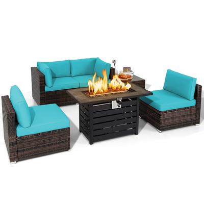 6 PCS Patio Wicker Furniture Set 42' Fire Pit Table 50,000 BTU